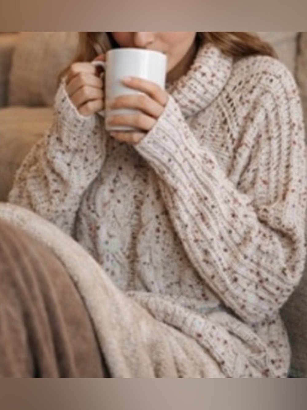 moon & madison Cream Speckled Cable Turtleneck Sweater